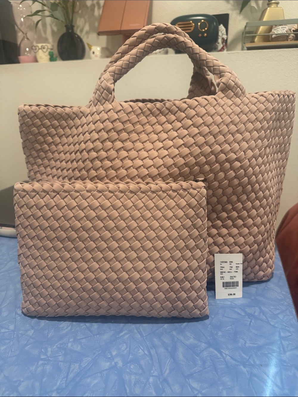 Naghedi Woven Blush Tote with Matching Pouch